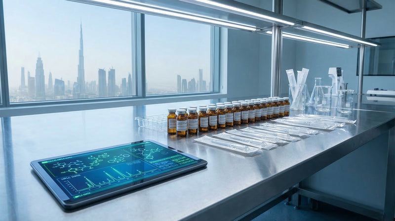 Securely packaged research peptide vials in a modern UAE laboratory environment