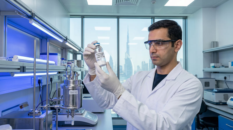 Laboratory researcher in Dubai inspecting a vial of BPC-157 research peptide