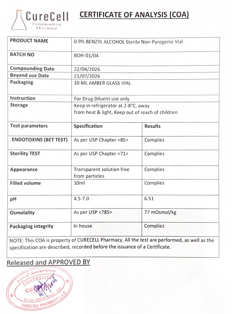 Certificate of Analysis for Pharma-Grade Bacteriostatic Water WFI