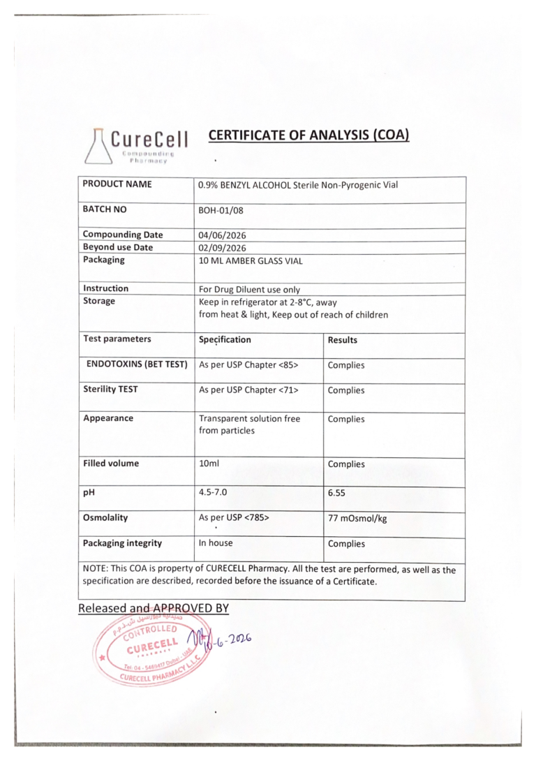 Certificate of Analysis for Pharma-Grade Bacteriostatic Water WFI